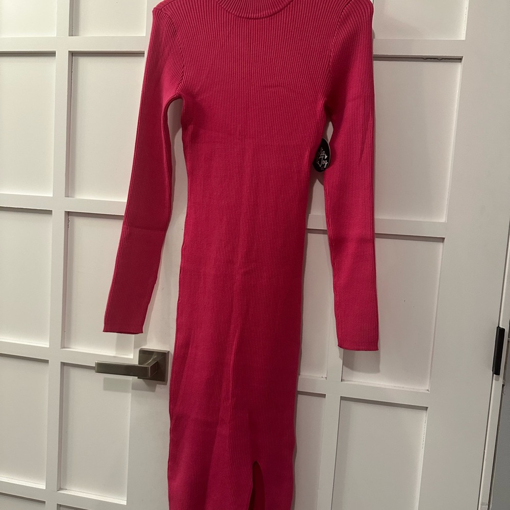 Elegant Cute Pink Ribbed Knit Sweater Dress